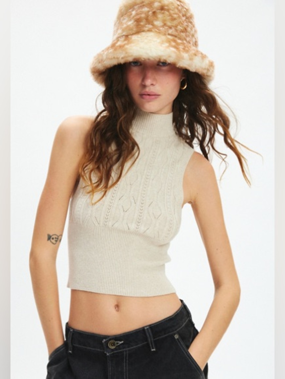 Fluffy Faux Fur Bucket Hat in Spotted Tan